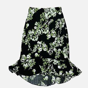 VTG Y2K Susan Lawrence Black & Green Floral Print Ruffle Hem Midi Skirt M/S